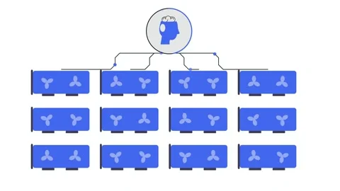 AI GPU Cluster Neural Network Nodes Blue Data Flow Visualization Server Video stock 345094192