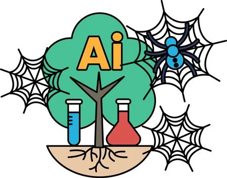 AI grows from roots beneath test tubes and webs Stock Illustration