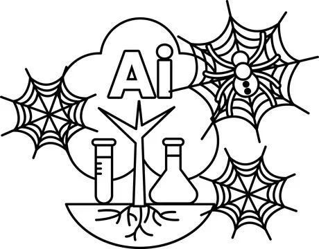 AI grows from roots beneath test tubes and webs Stock Illustration