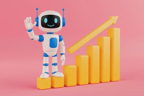 AI Growth And Technology Progress Concept. Smiling AI Robot Character With .. Illustrazione stock
