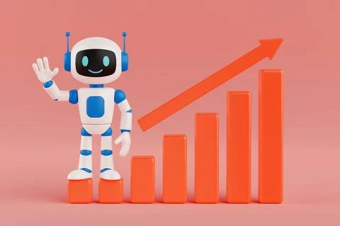 AI Growth And Technology Progress Concept. Smiling AI Robot Character With .. 스톡 일러스트