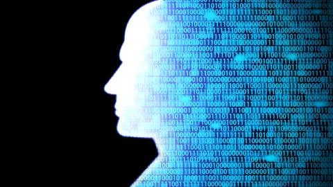 AI Head Computing with Technology HUD including Binary Code in Black Background Stock Illustration