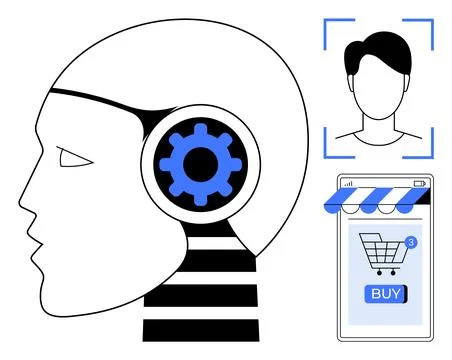AI Head with Face Recognition and Online Shopping Concept Illustrazione stock