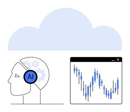 AI head with gears, cloud above, and chart window indicating data analysis. I Stock Illustration