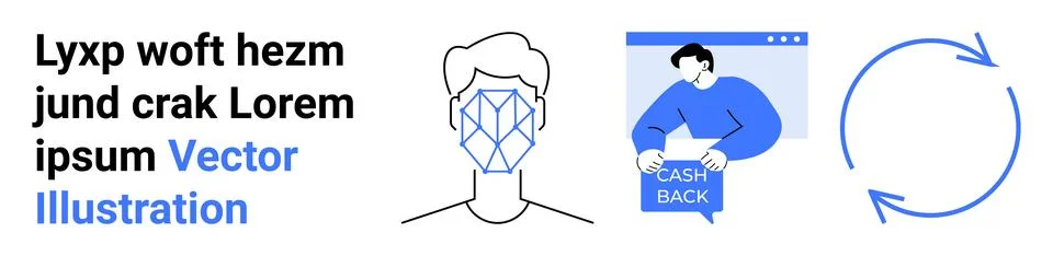 AI Head Outline with Geometric Pattern, Cashback Window, and Circular Arrows Illustrazione stock