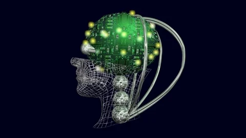 AI head, robot brain with blinking lights. Side view. 3d animation Video stock 97555541