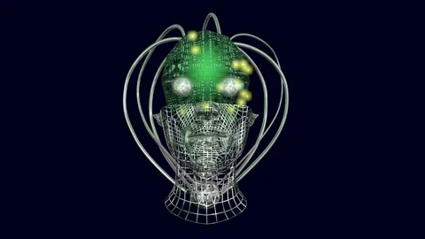 AI head, robot brain with blinking lights. Front view. 3d animation Stock-Footage 97555545