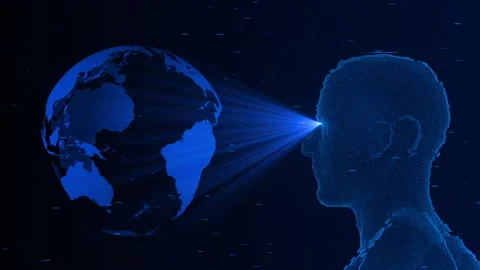 AI Head Scans Global Digital Data Network on Dark Backgraound Stock Footage 336305465