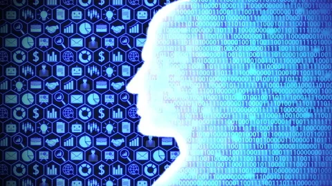 AI Head Silhouette Computing Business and Technology Icon Set and Binary Code BG Stock Footage 131379622