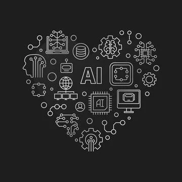 AI Heart concept vector thin line modern silver banner - Artificial Intelli.. Stock Illustration