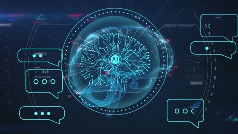 AI holo brain pulsing and linking traces, processing inputs as teal bubbles Stock Footage 334337479