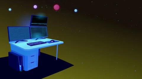 AI home study setup for students, featuring a computer, desk, monitor, designed Stock Footage 297137267