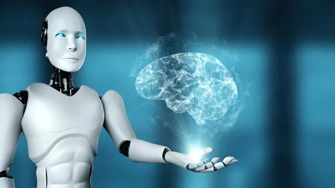 AI hominoid robot holding virtual hologram screen showing concept of AI brain Stock Footage 221188555