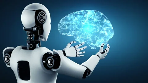 AI hominoid robot holding virtual hologram screen showing concept of AI brain Stock Footage 221576139