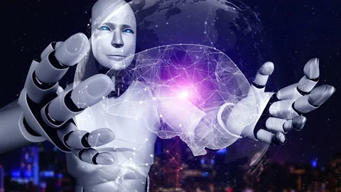 AI hominoid robot holding virtual hologram screen showing concept of AI brain Stock Footage 223909136