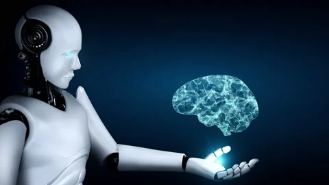 AI hominoid robot holding virtual hologram screen showing concept of AI brain Stock Footage 224651105
