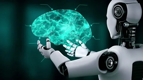 AI hominoid robot holding virtual hologram screen showing concept of AI brain Stock Footage 230036166