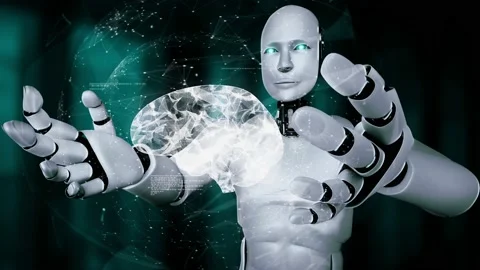 AI hominoid robot holding virtual hologram screen showing concept of AI brain Stock Footage 230947658