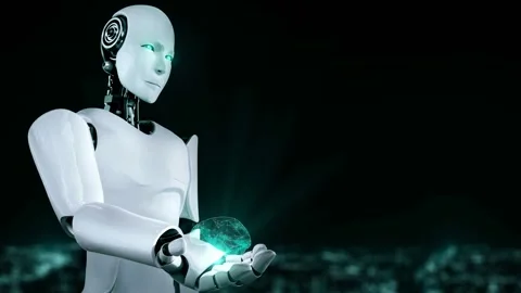 AI hominoid robot holding virtual hologram screen showing concept of AI brain Stock Footage 231458689