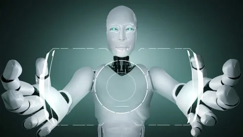 AI hominoid robot holding virtual hologram screen showing concept of AI brain Stock Footage 231503223