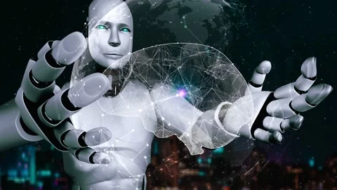 AI hominoid robot holding virtual hologram screen showing concept of AI brain Stock Footage 232328388