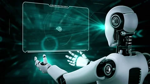 AI hominoid robot holding virtual hologram screen showing concept of AI brain Stock Footage 232820360