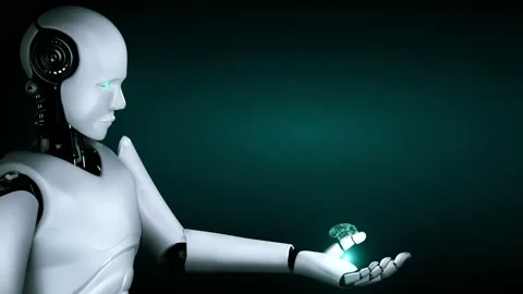 AI hominoid robot holding virtual hologram screen showing concept of AI brain Stock Footage 233422827