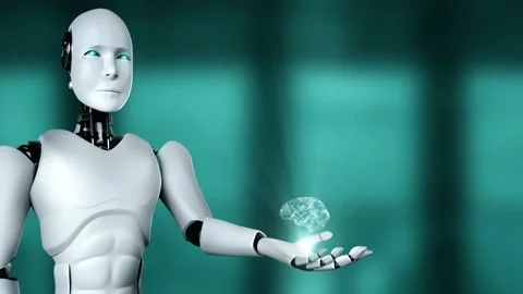 AI hominoid robot holding virtual hologram screen showing concept of AI brain Stock Footage 235574580