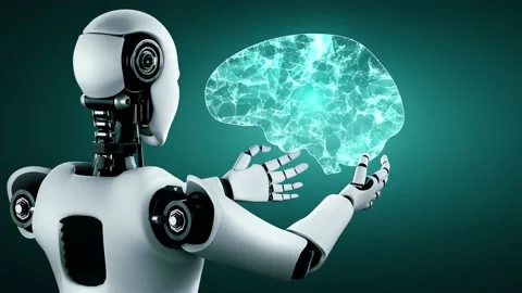 AI hominoid robot holding virtual hologram screen showing concept of AI brain Stock Footage 236191395