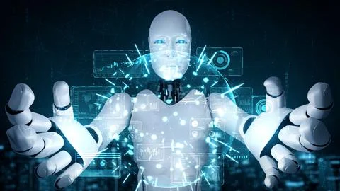 AI hominoid robot holding virtual hologram screen showing concept of big data Stock Illustration