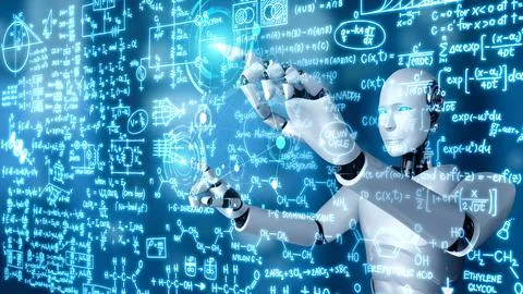 AI hominoid robot touch screen of mathematics formula and science equation Stockillustratie