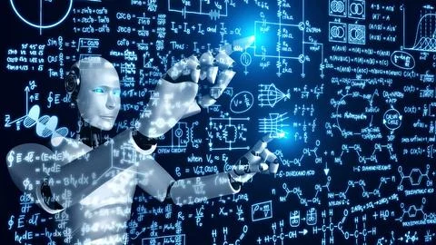 AI hominoid robot touch screen of mathematics formula and science equation Stockillustratie