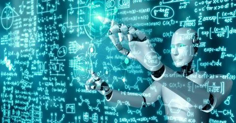 AI hominoid robot touch screen of mathematics formula and science equation Stock Illustration