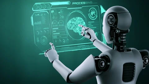 AI hominoid robot touching virtual hologram screen showing concept of AI brain Stock Footage 210860353