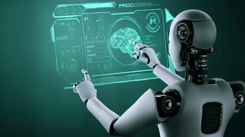 AI hominoid robot touching virtual hologram screen showing concept of AI brain Stock Footage 229602198