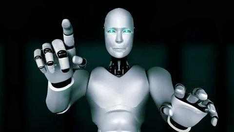 AI hominoid robot touching virtual hologram screen showing concept of AI brain Stock Footage 232158684