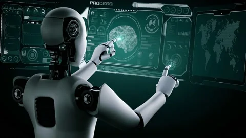 AI hominoid robot touching virtual hologram screen showing concept of AI brain Stock Footage 233423639