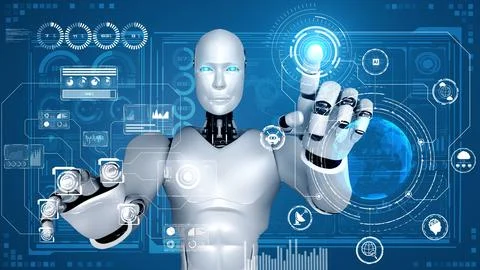 AI hominoid robot touching virtual hologram screen showing concept of big data Stock Illustration