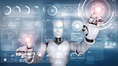 AI hominoid robot touching virtual hologram screen showing concept of big data 스톡 일러스트
