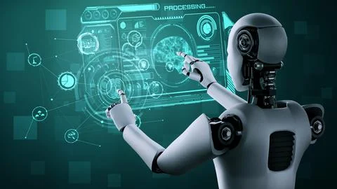 AI hominoid robot touching virtual hologram screen showing concept of AI brain 스톡 일러스트