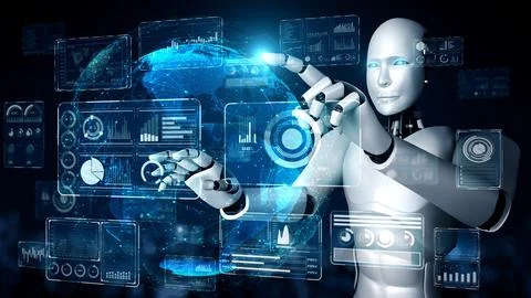 AI hominoid robot touching virtual hologram screen showing concept of big data 스톡 일러스트