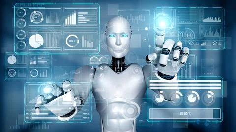 AI hominoid robot touching virtual hologram screen showing concept of big data 库存插图