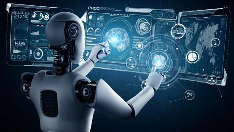 AI hominoid robot touching virtual hologram screen showing concept of AI brain Stock Illustration