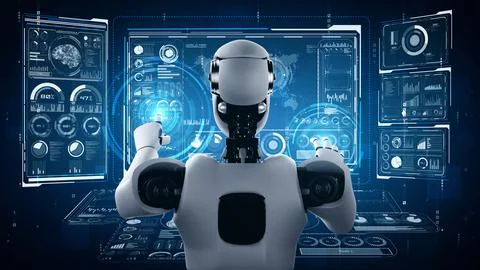 AI hominoid robot touching virtual hologram screen showing concept of big data Stock Illustration