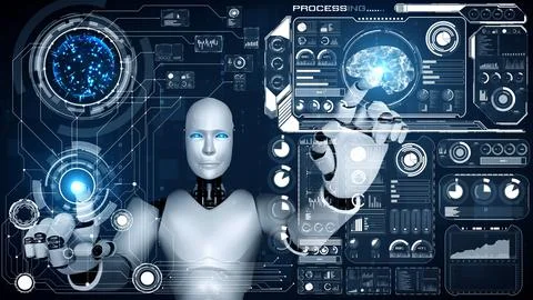 AI hominoid robot touching virtual hologram screen showing concept of big data Stock Illustration