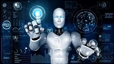 AI hominoid robot touching virtual hologram screen showing concept of big data Stockillustratie
