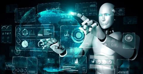 AI hominoid robot touching virtual hologram screen showing concept of big data 스톡 일러스트