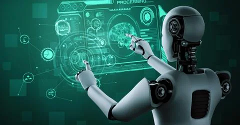 AI hominoid robot touching virtual hologram screen showing concept of AI brain Stock Illustration