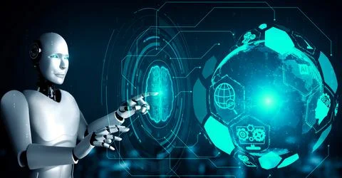 AI hominoid robot touching virtual hologram screen showing concept of big data Stock Illustration