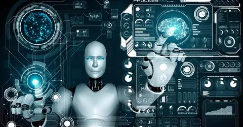 AI hominoid robot touching virtual hologram screen showing concept of big data Stock Illustration